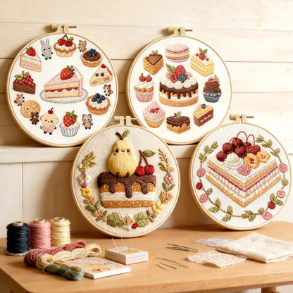 Embroidery Set for Beginners, 4 Sets Cake Fruit Beginner Embroidery Kit for Adults, Includes Embroidery Clothes with Pattern, Hoop, Instruction Manual, Color Stitch Set