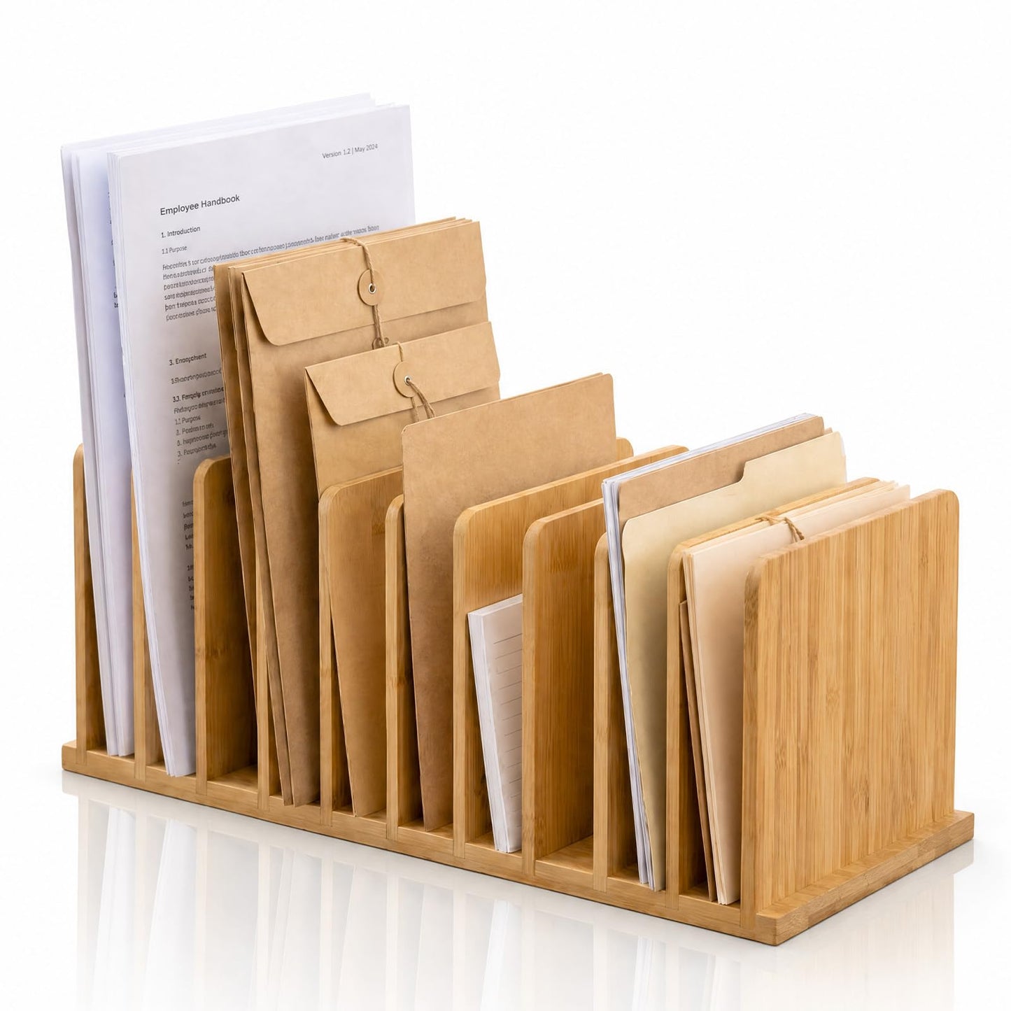 Suzile Bamboo File Organizer for Desk, 10 Slot Vertical File Sorter, Desktop Mail Holder, Wooden Office Desk Organizer Countertop Paper Holders for Documents, Letters