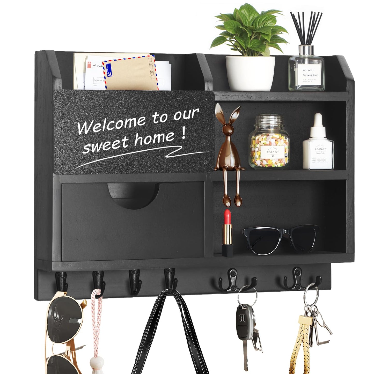 Key Holder Wall Mount, 14.5x11.2x3.5'' Larger 3-Tier Shelf 8 Hooks Drawer Storage,Wooden Key and Mail Holder for Wall,Farmhouse,Home,Living Room,House,Office Decor,Hats,Bag,Dog Leash Hanger Organizer
