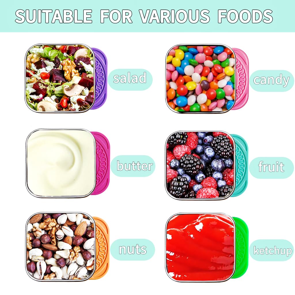 HTEVW 6Pack 6oz Stainless Steel Snack Containers for Kids, Easy Open Leak Proof Metal Toddler Snack Containers with Silicone Lids, Stackable Metal Toddler Lunch Box for Daycare, School and Travel