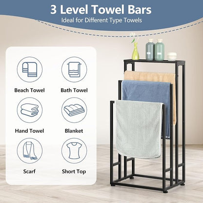 Freestanding Towel Rack for Bathroom 3 Tier Metal Floor Towel Stand Industrial Blanket Ladder Holder with Storage Shelf for Bedroom Living Room, Black