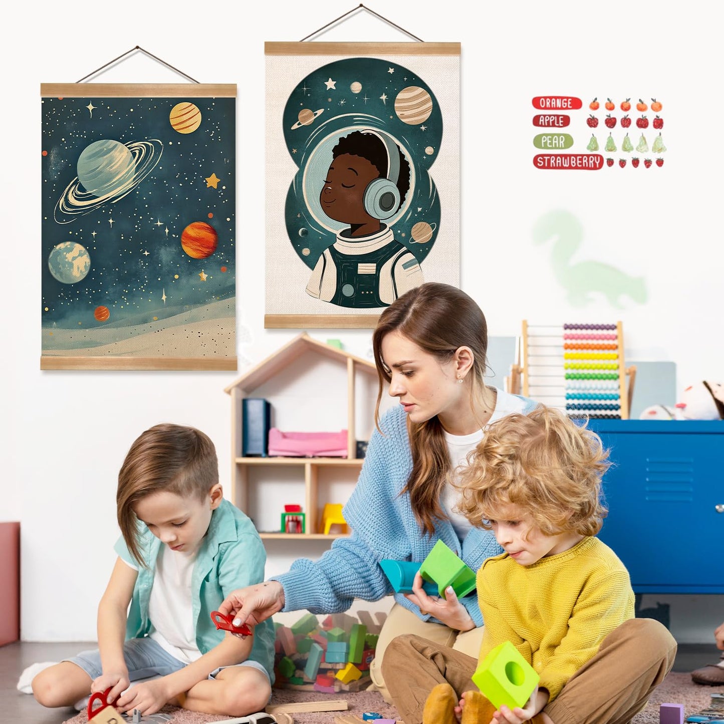 ZTGDA Solar System & Astronaut Wall Art Set of 2, Space Poster with Wood Hanger, Universe Theme Kids Room Decor for Boys and Girls, Classroom or Nursery Wall Display, 12x16 Inch(Space travel-01)