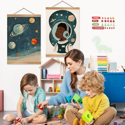 ZTGDA Solar System & Astronaut Wall Art Set of 2, Space Poster with Wood Hanger, Universe Theme Kids Room Decor for Boys and Girls, Classroom or Nursery Wall Display, 12x16 Inch(Space travel-01)