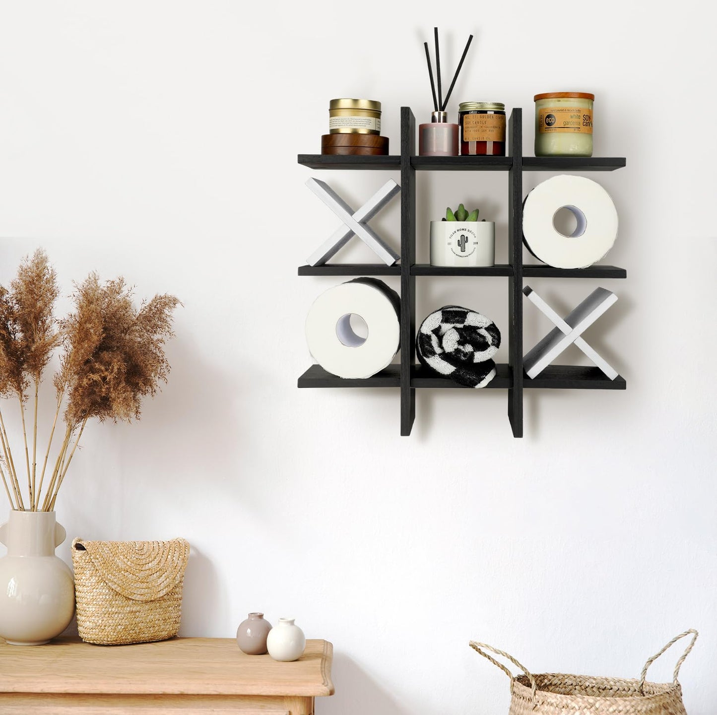 Weysat Tic Tac Toe Toilet Paper Holder Stand Bathroom Wall Decor Rustic Wooden Hanging Storage Freestanding Wall Mounted Shelves Decor for Toilet Tissue Farmhouse