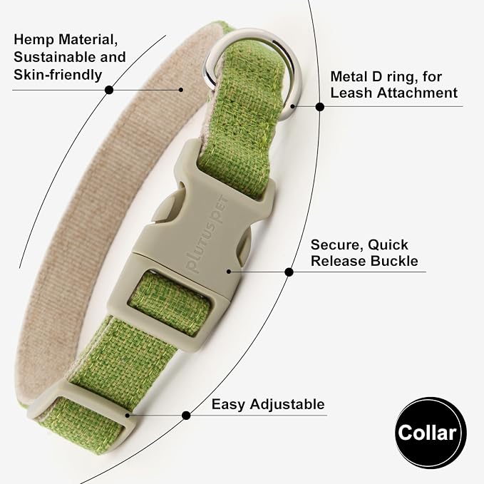 Plutus Pet Cotton Hemp Dog Collar and Leash Set, Adjustable Collar for Small, Medium, and Large Dogs, Heavy Duty and Soft on Skin, Green, L
