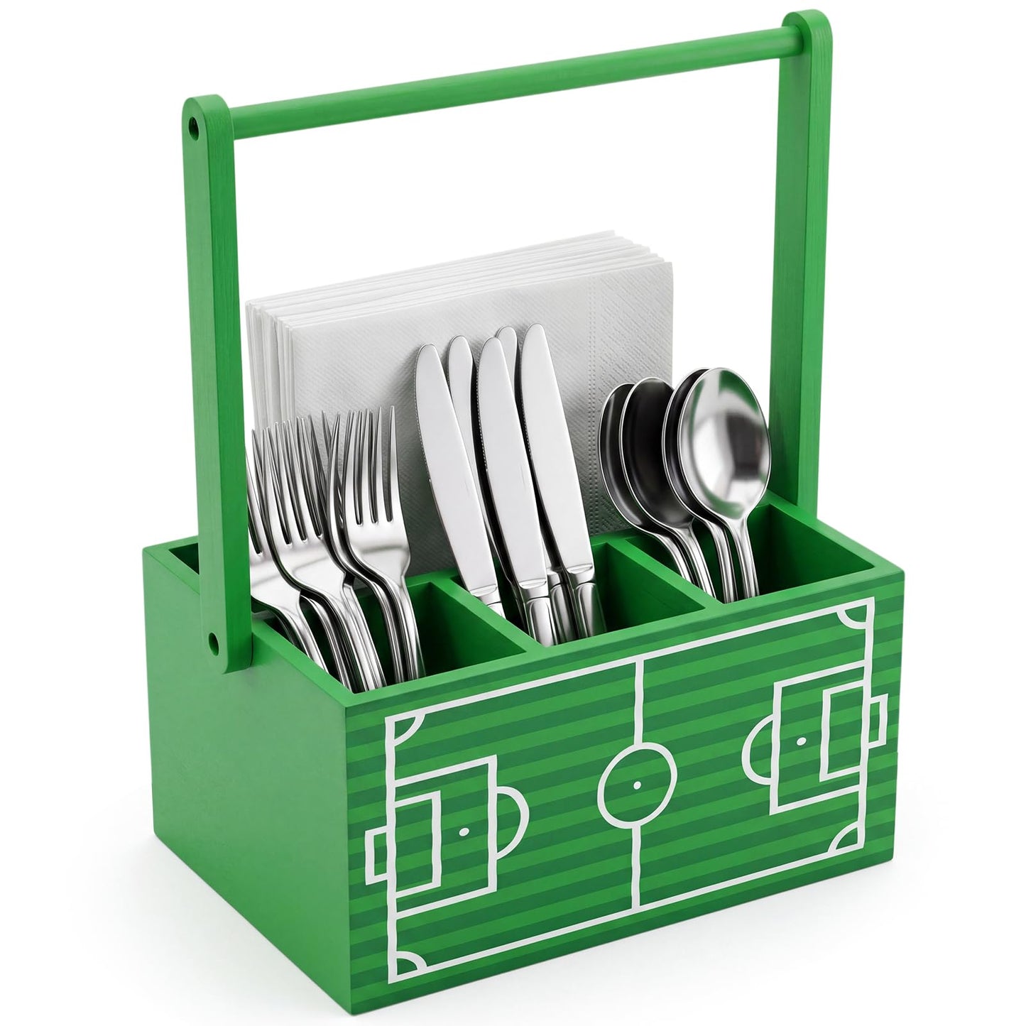 Gerrii Wood Soccer Utensil Caddy, 9.1x5.9x4.5 Inches Utensil Silverware Holder for Party, 4 Pockets Utensils Cutlery Cup Napkin Holder with Handles for Game Day Birthday Decoration