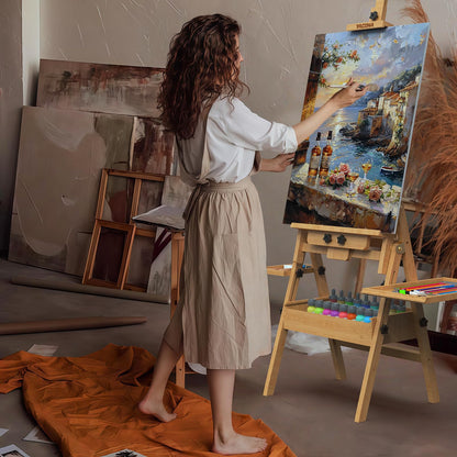 Solid Beech Wood H-Frame Easel, Large Painting Easel with Storage Box and Palette, Professional Foldable Studio Art Easel Stand with Signature Box for Adults, Holds Canvas Art up to 48"