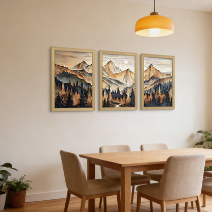 Framed 3D Texture Mountain View Canvas Wall Art Landscape Oil Painting Nature Poster Gallery Relief Technology Artwork Forest Scenery Wall Decor Painting Living Office 16x24inchX3 Ready to Hang