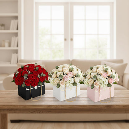 12 Pack Flower Paper Gift Bag, Bouquet Storage Bucket Box Paper Flower Handbag Box with Metal Chain Rectangle Mother's Day Flower Bags for Bouquets Wedding Flower Graduation Supplies, Black White Pink
