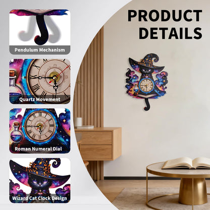 NIUNIUAMY 3D Wooden Puzzle Clock DIY Mechanical Model Kit, Wooden Desk & Wall Clock with Pendulum, Adult Crafts Model Clock Kit, Laser Cut Wood Assembly, Fantasy Cat Wizard Galaxy Decor, Unique Gift
