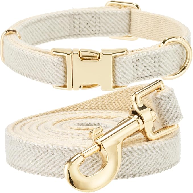 Luxury Soft Cotton Tweed Fabric Dog Collar & Leash Set with Gold Buckle – Durable Fabric, Stylish Design for Everyday Walks(Medium Grey)