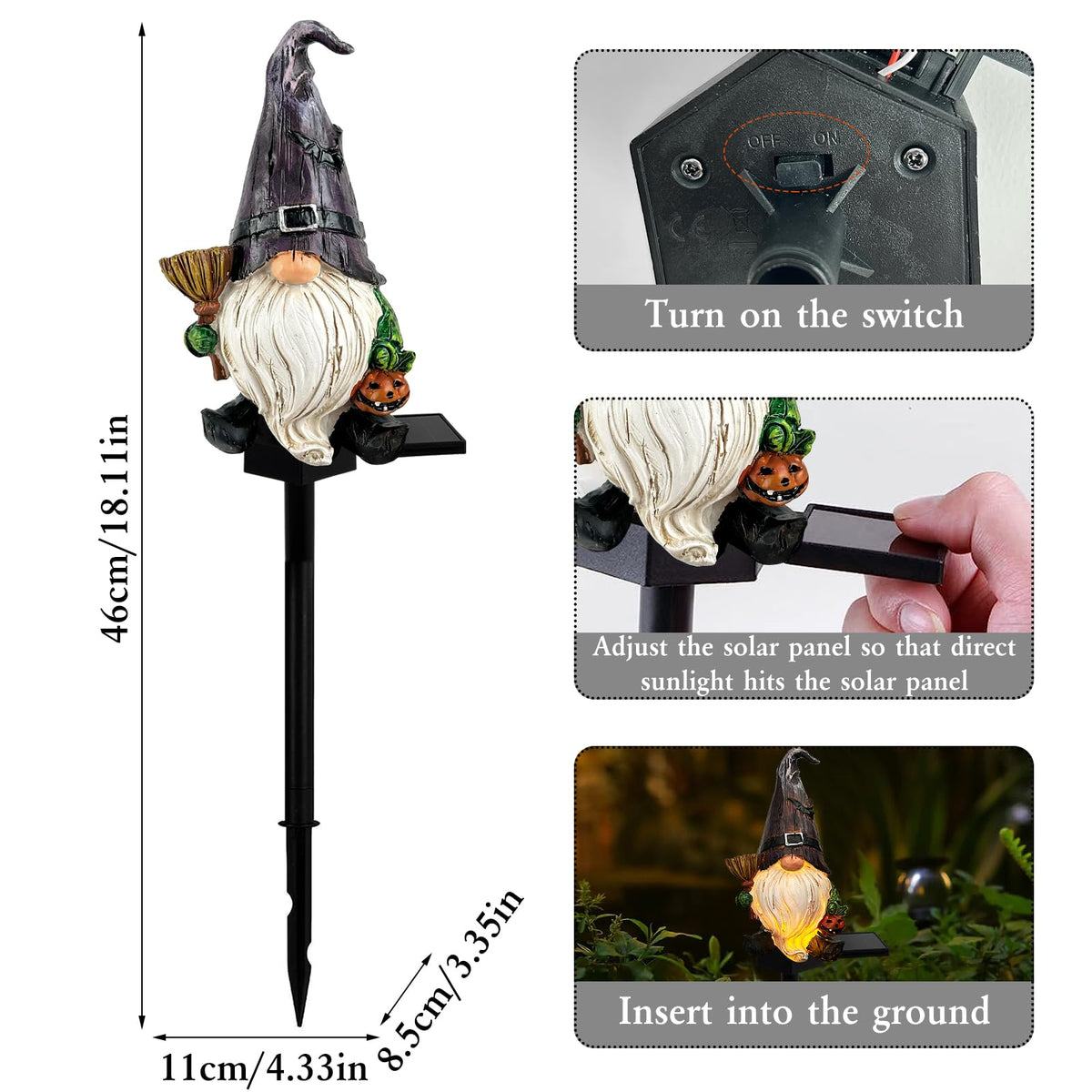 LAIAMER Halloween Gnome Garden Lights Outdoor Solar Halloween Pathway lights, Fall Yard Stakes Fall Decorations Gnome Statue with Bat&Pumpkin, Gnomes Gifts Fairy Garden Lights for Outside Lawn(Purple)