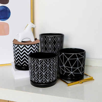 Ton Sin Flower Pots,5.5 Inch Black Ceramic Planter with Drainage Hole,Indoor Cylinder Plant Pots with Saucer,Cactus Succulent Outdoor Garden Pots Set of 4