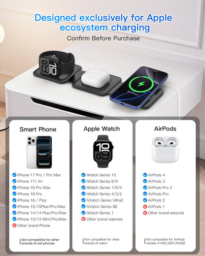 Magnetic Wireless Charger for iPhone: Fodable 3 in 1 Charging Station for Multiple Apple Devices - Travel Charging Pad Dock for Apple Watch iPhone 17 16 15 14 13 12 Pro Max Plus & Airpod