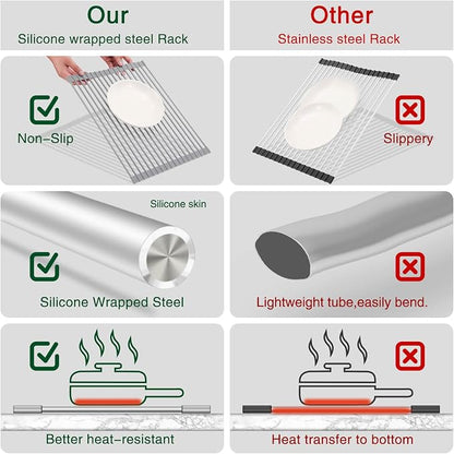 HANZENMA Roll Up Dish Drying Rack Over The Sink Kitchen Roll Up Sink Drying Rack Multipurpose Foldable Sink Drying Mat, Heat-Resistant, Anti-Slip & Anti-Rust Dish Rack for Kitchen, 20.5" x 13", Grey