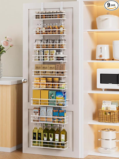 Delamu 9 Tier Over The Door Pantry Organizer, Pantry Organization and Storage, Hanging Spice Rack for Pantry Door Organizer, Metal Pantry Door Shelves for Kitchen Bathroom Laundry Room,15.3" White