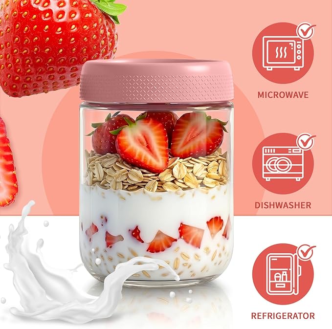 Pink Overnight Oats Container with Lids, Wide Mouth Mason Jars with Lids, Air Tight Overnight Oats Jars for Yogurt, Reusable Glass Jar for Pudding, Snack, Sugar, Breakfast, (6-Pack, 16oz)