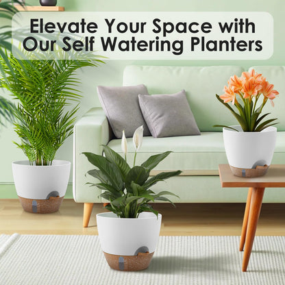 QRRICA 12/10/9 Inch Self-Watering Plant Pots with Water Level Indicator, Drainage Holes & Saucers – Large Plastic Planter Set for Indoor & Outdoor Plants (White)