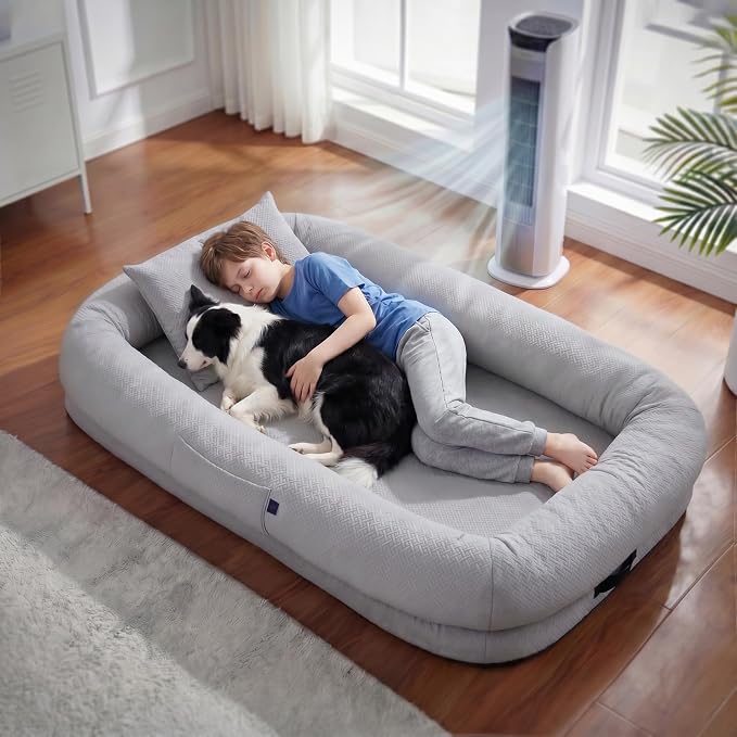 WROS Cooling Human Dog Bed for Summer, Breathable Washable Floor Lounger for People & Pets, 65"x36"x11", Glacier Grey, Pet Bed for Hot Weather Relaxing