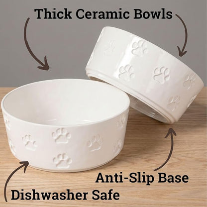 Ceramic Dog Bowl Set of 2 with Anti-Skid Base - 6.5" Wide x 2.5" Tall Ceramic Dog Bowls Medium Sized Dogs - 3.8 Cup Capacity Food and Water Bowls for Dogs - Rubber Bottom Pet Bowl Set of 2 Medium Size