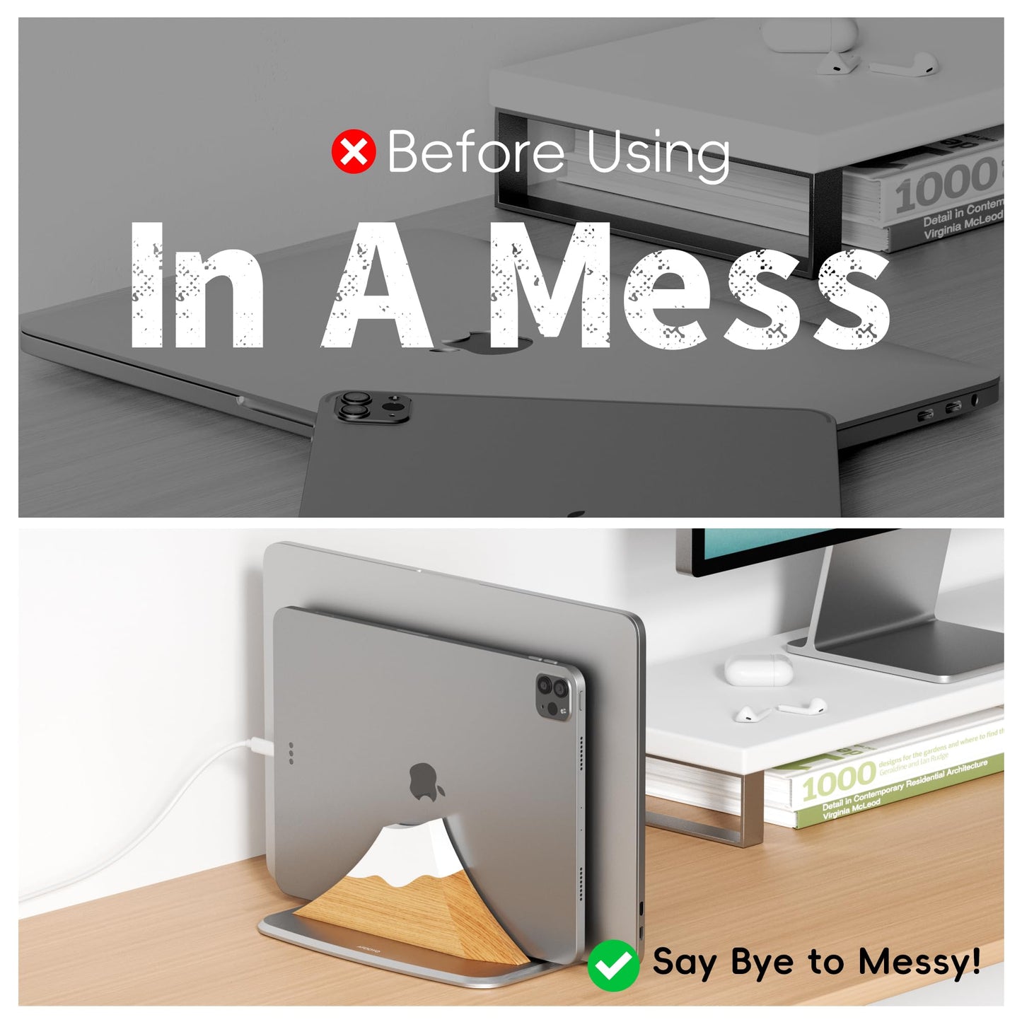 AFOOYO Vertical Dual Laptop Stand - Snow Peak-Shaped Wooden Adjustable Laptop Holder,2 Slots Desktop Dock Compatible with All MacBook, Surface,Chromebook,Dell & More(Beechwood)
