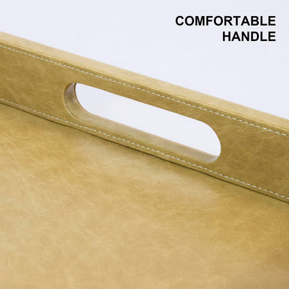 LNFUMS 20 x 14 inches Leather Rectangle Serving Tray with Hole Handles,High-End Light Large Service Tray for Ottoman Tray, Tea, Food, Butler - Countertop, Kitchen,Family Dinner, Picnic (Brown)