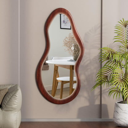 osemy 48"x 24" LED Wood Full Length Mirror with Lights Irregular Wavy Full Body Mirror Shatter-Proof Hanging/Leaning Wall Mounted Walnut Wooden Framed for Dressing Bedroom Living Room