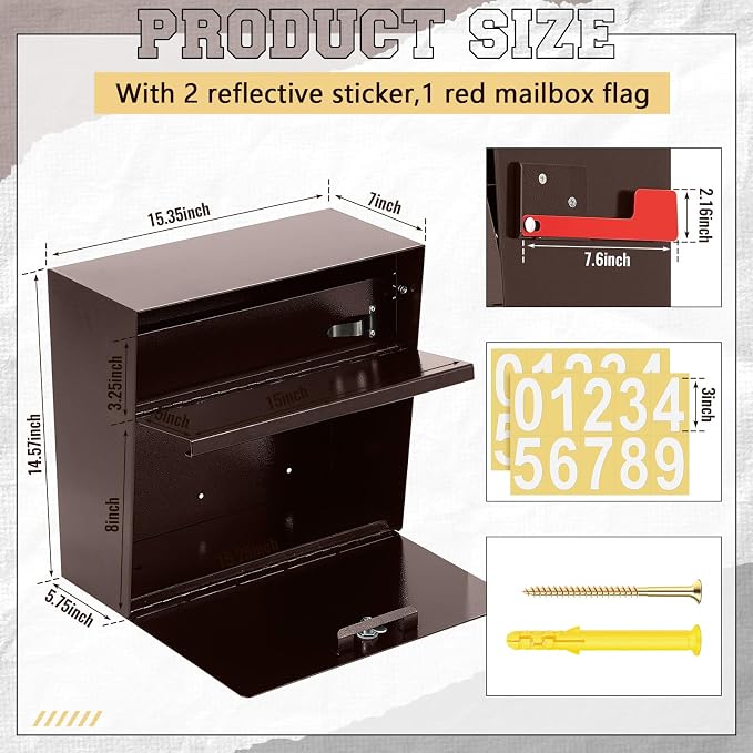 Yaocom Extra Large Wall Mount Mailboxes for Outside 15.35 x 15 x 7 Inches Locking Security Mail Box Galvanized Steel Wall Mailbox Large Capacity Post Box with Key Lock and Reflective Stickers(Brown)
