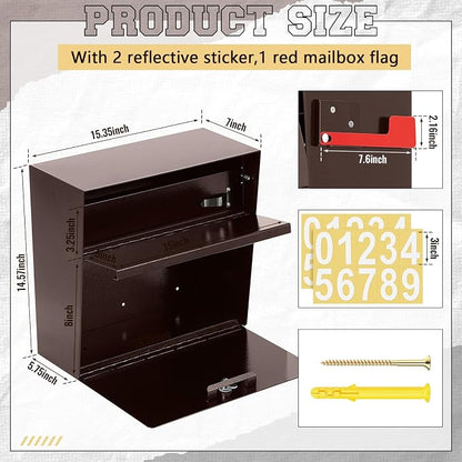 Yaocom Extra Large Wall Mount Mailboxes for Outside 15.35 x 15 x 7 Inches Locking Security Mail Box Galvanized Steel Wall Mailbox Large Capacity Post Box with Key Lock and Reflective Stickers(Brown)