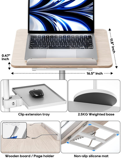 2 in 1 Adjustable Book Stand - Dual-Use Floor and Desktop Book Holder Stand, Height Adjustable 23.5-52 in, Elastic Page Clips for Music Sheet, Recipe, Tablet, Laptop-White