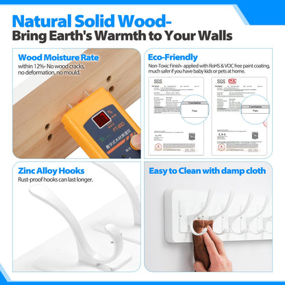 VIEBSOTG Solid Pine Wooden Wall-Mounted Coat Rack - Rustic Entryway Organizer with 6 Zinc Alloy Hooks, Space Saving Wall Coat Hanger for Jackets, Hats, Bags, Towels & Robes (White, 6 Double Hooks)