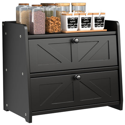 TQQDCI Bread Box for Kitchen Countertop, Double Layer Wooden Breadbox, Large Capacity Bread Storage Bin, Homemade Bread Storage Container, Farmhouse Breadbox Organizer, Black