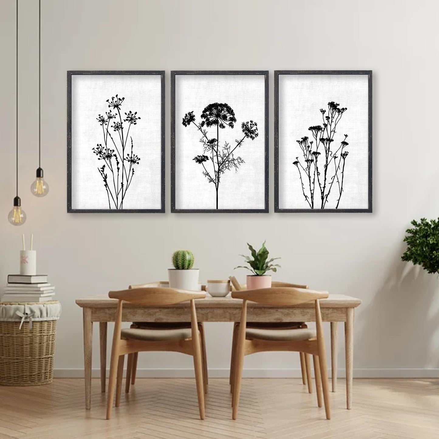 Flower Plant Wall Art Decor 16"x11" Set of 3 Black And White Botanical Painting Wood Framed For Minimalist Bedroom Office Rustic Living Room Abstract Wildflower Sign Hanging (Black)
