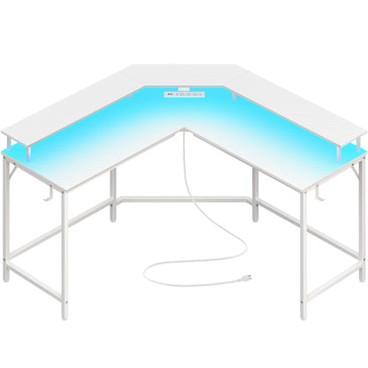 Huuger L Shaped Gaming Desk with Power Outlets & LED Lights, Computer Desk with Monitor Shelves, Carbon Fiber Surface, Home Office Desk, Corner Gaming Desk with Hooks, Carbon Fiber White