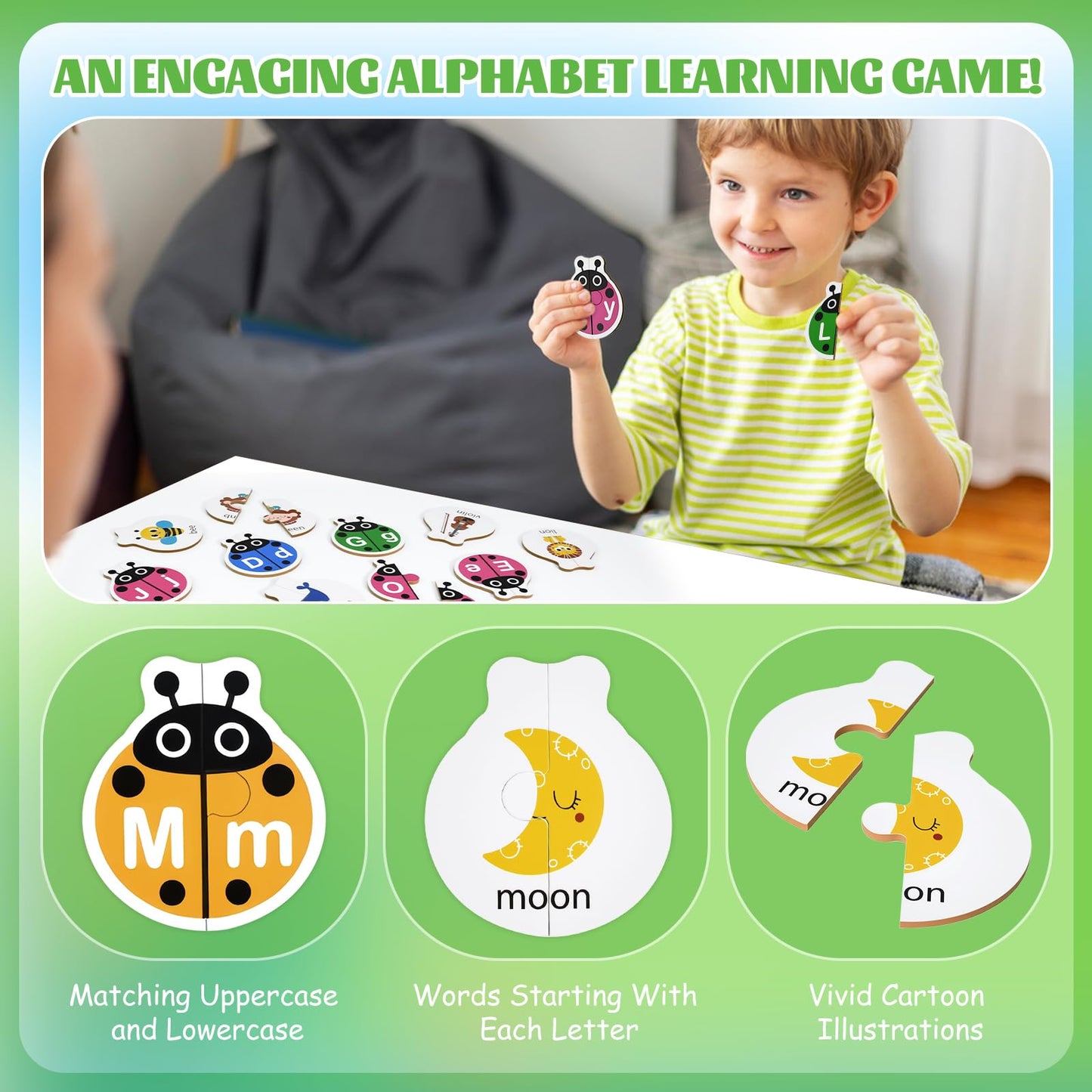 GAKICO Ladybug Self Correcting Alphabet Puzzle: Letter Matching Games for Toddlers 3-5, 52pcs Double-Sided Montessori ABC Puzzles Cards Preschool Learning Activities Educational Toy Gift for Kids