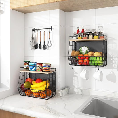 Magnetic Shelf for Fridge with Wood Lid, 2 Tier Fruit Baskets Wall Mounted