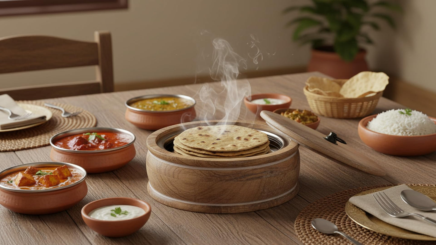 Handcrafted Wooden Mexican Tortilla Warmer Basket Indian Chapati Roti Bread Holder Box Pancake Keeper Serveware Hot Pot Casserole Dish With Lid Home Kitchen Dining Decor, Natural Brown, 9 x 3.5 Inches