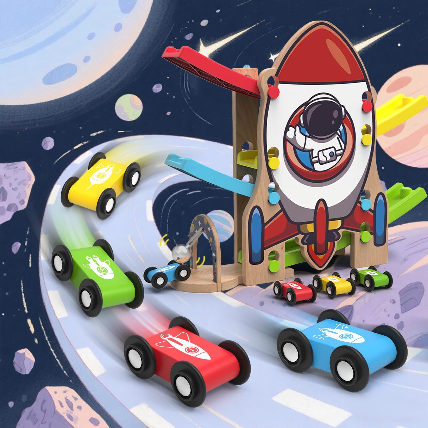 Letoiz Wooden Race Track for Toddlers 2-4, Rocket-Themed Car Ramp Racer Toy with 4 Cars, Bell Sound Zigzag Playset, Fine Motor Skills, Birthday for Boys and Girls