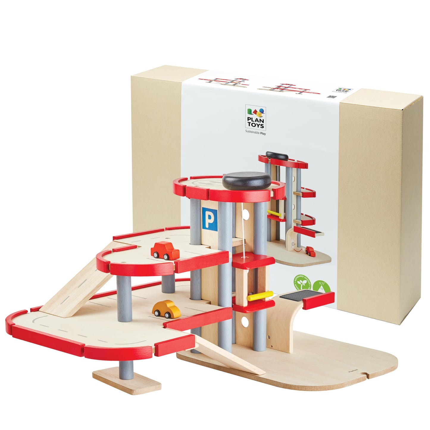 PlanToys® Parking Garage Wooden Montessori Imaginative and Creative Play Set | Problem Solving, Social Interaction and Early Coordination Activity | Eco Friendly Vehicle and Ramp Play Set