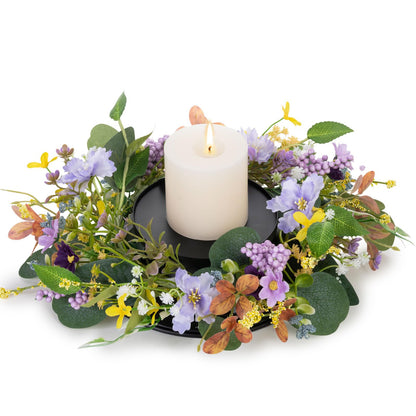 MOYEE Summer Candle Holder Centerpieces for Tables,Candle Ring, Black Metal Candlestick with an Artificial Wreath 14 in Versatile Dining Table Centrepiece (Purple Foam Flower Wreath)