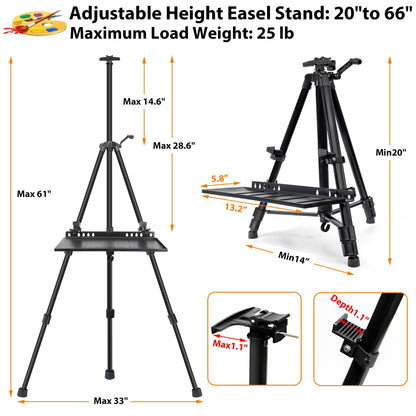 VAIIGO Easel Stand for Painting Artist Easel Stand Adjustable Height 20" to 61" Metal Tripod Art Easels Stand for Painting Canvases Tabletop Floor Art Easel Stand with Tray, Bag, Folding Keg, Black