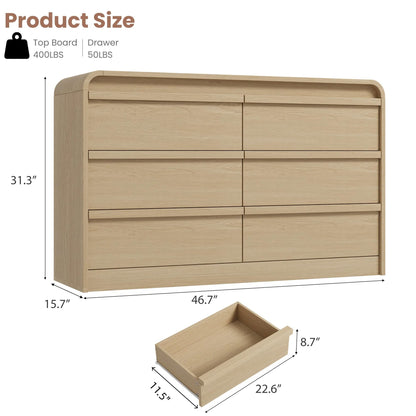 Garvee 6 Drawer Dresser for Bedroom, 47" Wide Wooden Dressers with Curved Profile Design, Mid Century Chest of Drawers Closet Clothes Storage Organizer for Living Room, Entryway, Nursery, Natural