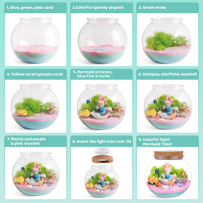 JOYEEMAX Mermaid Light-Up Terrarium Kit for Kids - LED Night Light Birthday Gift for Girls Ages 4 5 6 7 8-12 Year Old - Mermaid Toys for Girls - DIY Arts and Crafts Kit for Kids