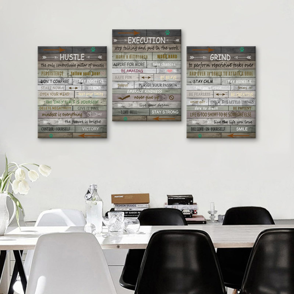 PSYYSP 3 Piece Canvas Wall Art Grind Execution Hustle Posters, Rustic Motivational Triptych Wall Decor for Office, Bedroom, Dorm, Business Workspace, Framed Canvas 36x16inch