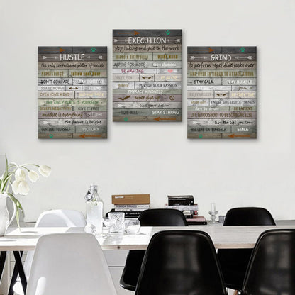 PSYYSP 3 Piece Canvas Wall Art Grind Execution Hustle Posters, Rustic Motivational Triptych Wall Decor for Office, Bedroom, Dorm, Business Workspace, Framed Canvas 36x16inch