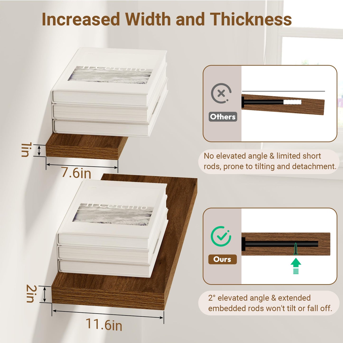 Feihorrm 24 Inch Floating Shelves, 12 Inch Deep Floating Shelves for Wall, Extra Deeper & Thicker Wooden Wall Shelf with Invisible Brackets, Shelf for Bedroom Living Room Home Decor（Walnut, Set of 2）