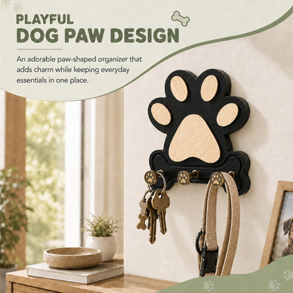 MLLNFUE 2 Pack Dog Leash Holder for Wall, Wooden Key Holder Wall Mount with 3 Metal Hooks, Dog Paw Organizer for Dog Owners and Pet Lovers (Black)