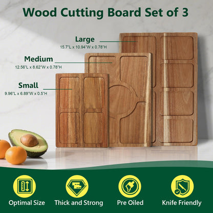 3 PCS Acacia Wood Cutting Boards for Kitchen With Wooden Storage Stand