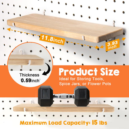 SEMPOMA 2 Pack Solid Wood Pegboard Shelf, High Balance and No tilt, 12" x 4" Pegboard Shelves Fit 1/4" Pegboard for Display Craft Garage Workbench Office