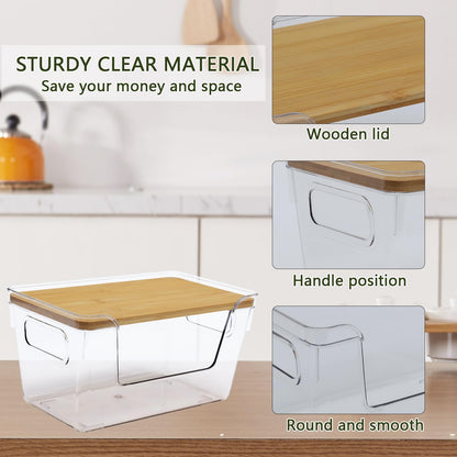 Yomjarl 2 Pack Snack Station Organizer for Pantry Shelf,Snack Bar Station Storage Basket with Handle & Wooden Lid,Stackable Plastic Baskets for Storage Pantry Bins Organizer,Kitchen Organization Box